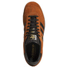 Top view of the Samba ADV Brown Black HQ9286 Adidas Skateboarding shoe in brown suede and leather, featuring black stripes, black laces, and gold logo details on the tongue and insole.