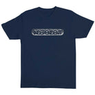 The Sand Cast Heavyweight T-Shirt Navy Independent Tee features bold, silver embossed “INDEPENDENT” lettering in an oval across the chest, capturing classic Independent Trucks skate style.