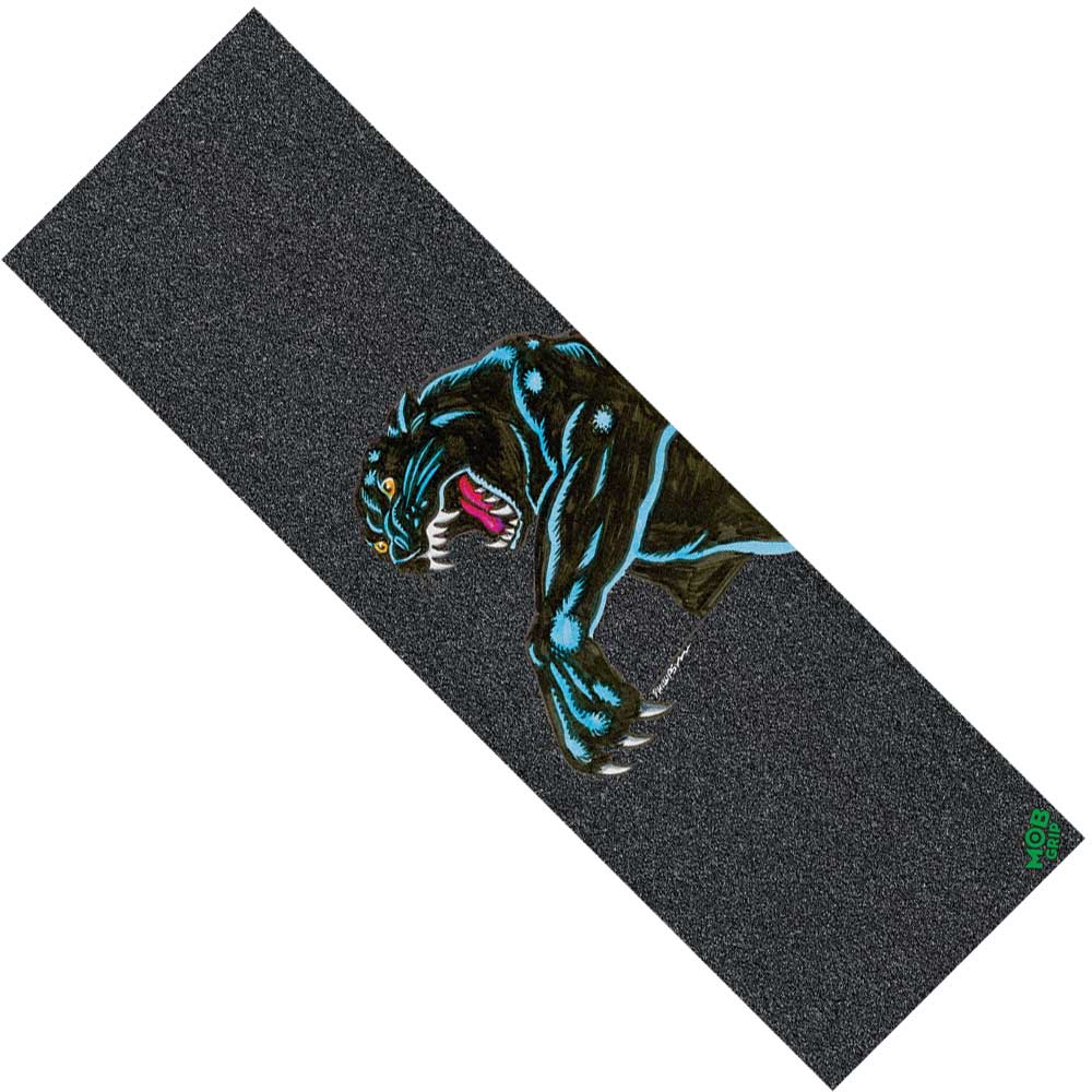 The Santa Cruz Natas Sketch Panther 10 inch x 33 inch MOB Griptape is a rectangular sheet of dark griptape showcasing a striking illustration of the growling Natas Sketch Panther detailed with bold blue highlights, while a subtle green Santa Cruz logo in one corner adds a nod to classic skate heritage.