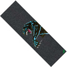 The Santa Cruz Natas Sketch Panther 10 inch x 33 inch MOB Griptape is a rectangular sheet of dark griptape showcasing a striking illustration of the growling Natas Sketch Panther detailed with bold blue highlights, while a subtle green Santa Cruz logo in one corner adds a nod to classic skate heritage.