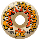 A beige Savie II 53mm 99A F4 Spitfire Wheels skateboard wheel accented with stylized, swirling yellow, orange, and black graffiti-style text encircling the center hole, and small Asian script characters at the bottom.