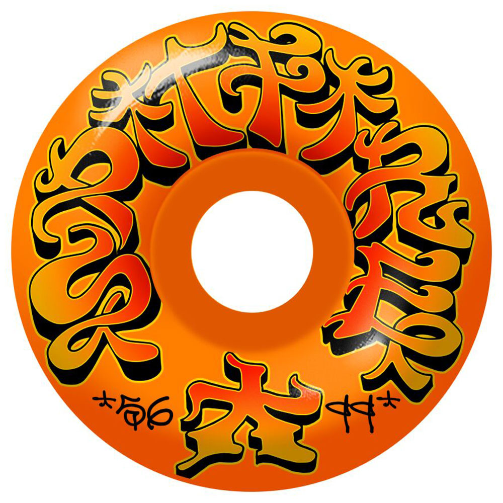 The Savie II 56mm 99A Orange F4 Spitfire Wheels feature bold yellow and black stylized graffiti text around the center hole, with small symbols at the bottom. These wheels are perfect for both street and park skating.