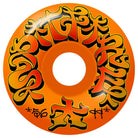The Savie II 56mm 99A Orange F4 Spitfire Wheels feature bold yellow and black stylized graffiti text around the center hole, with small symbols at the bottom. These wheels are perfect for both street and park skating.