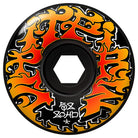 The Savie II 58mm 80HD Black Spitfire Wheels feature bold red, orange, and yellow flame-inspired graffiti graphics with white stylized text at the center. Designed for durability and smooth rides, these skateboard wheels combine eye-catching style with an 80HD hardness rating.