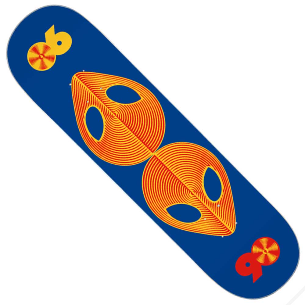 Scanners Twin Tail 8 Alien Workshop skateboard deck featuring a blue design with orange-yellow abstract patterns resembling two stylized faces or masks in the center, accented by yellow-red circular designs near the top left and bottom right corners; deck width is 8.00 inches.
