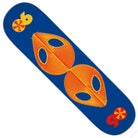 Scanners Twin Tail 8 Alien Workshop skateboard deck featuring a blue design with orange-yellow abstract patterns resembling two stylized faces or masks in the center, accented by yellow-red circular designs near the top left and bottom right corners; deck width is 8.00 inches.