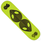 The Scanners Twin Tail 8.37 Alien Workshop Skateboard Deck is a green, twin tail skateboard made in Mexico, featuring two black stylized alien faces in the center and the numbers 96 and 69 printed near the ends.