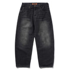 Distressed Flat Black Relaxed Denim Jeans by Butter Goods: 100% cotton, faded wash, five pockets, button closure, relaxed fit with visible stitching details.