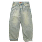 Scorpion Stitch Tinted Light Blue Denim Jeans by Butter Goods: baggy fit cotton jeans with a faded vintage wash, five pockets (including embroidered patch pockets), and an orange label inside the waistband. Laid flat on white.