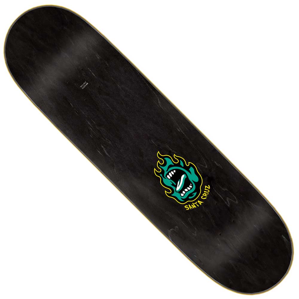 The Screaming Flame 7 Ply Birch 8.5in x 32.2in Santa Cruz Skateboard Deck is black with a graphic of a blue screaming mouth in a green flame and "Santa Cruz" text below, located near one end of the deck.