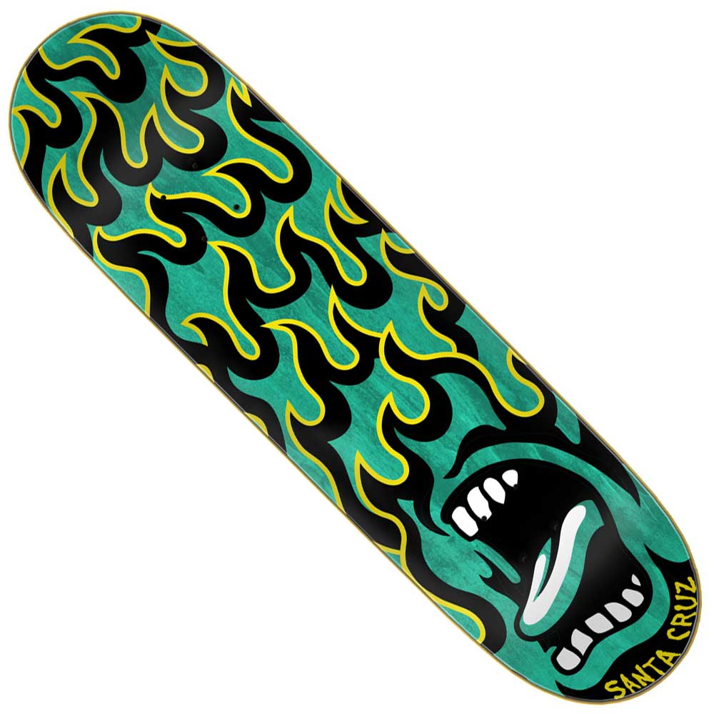 The Screaming Flame 7 Ply Birch 8.5in x 32.2in Santa Cruz Skateboard Deck features a teal background, yellow and black flames, and a graphic of an open mouth with white teeth; “Santa Cruz” appears in yellow on the bottom right corner.