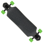 The Screaming Hibiscus 9in x 36in Drop Thru Cruzer by Santa Cruz features a textured grip top, black downhill trucks, and bright green wheels, shown on a white background.
