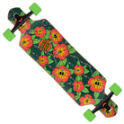 The Screaming Hibiscus 9in x 36in Drop Thru Cruzer Santa Cruz longboard features bright green wheels and a deck adorned with bold red and yellow hibiscus flowers with green leaves on a dark background.