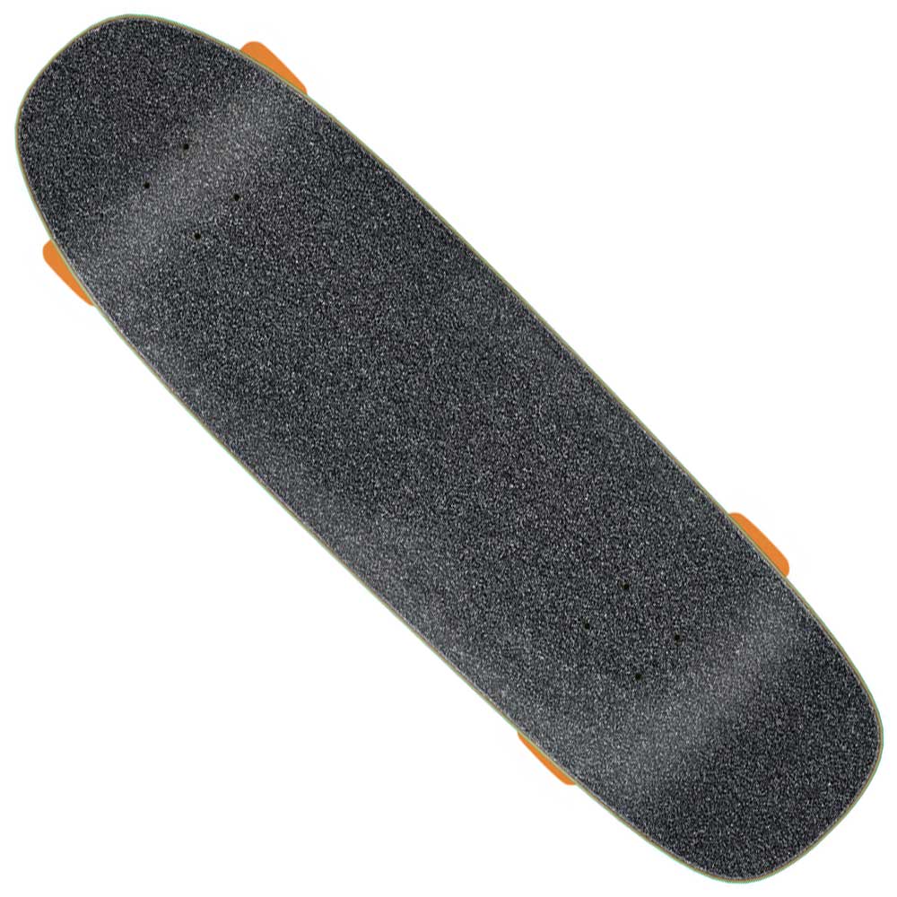 The Screaming Lead Foot 8.4in x 29.4in Street Cruzer Santa Cruz Complete Skateboard features a black deck with textured grip, rounded edges, and bright orange 60mm 78a wheels, viewed from above and inspired by classic Santa Cruz designs.