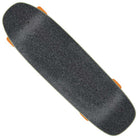 The Screaming Lead Foot 8.4in x 29.4in Street Cruzer Santa Cruz Complete Skateboard features a black deck with textured grip, rounded edges, and bright orange 60mm 78a wheels, viewed from above and inspired by classic Santa Cruz designs.