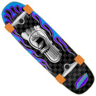 The Screaming Lead Foot 8.4in x 29.4in Street Cruzer Complete Skateboard by Santa Cruz features orange 60mm 78a wheels, a black checkered deck with blue flames, and a graphic screaming foot, plus the Santa Cruz logo on the lower right.