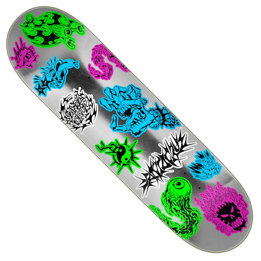 The Santa Cruz Scribble Flash Feel Base 8.00in x 30.50in Skateboards Deck features vibrant graffiti-style graphics with skulls, eyes, and abstract shapes in bright green, blue, pink, and purple on a silver background.