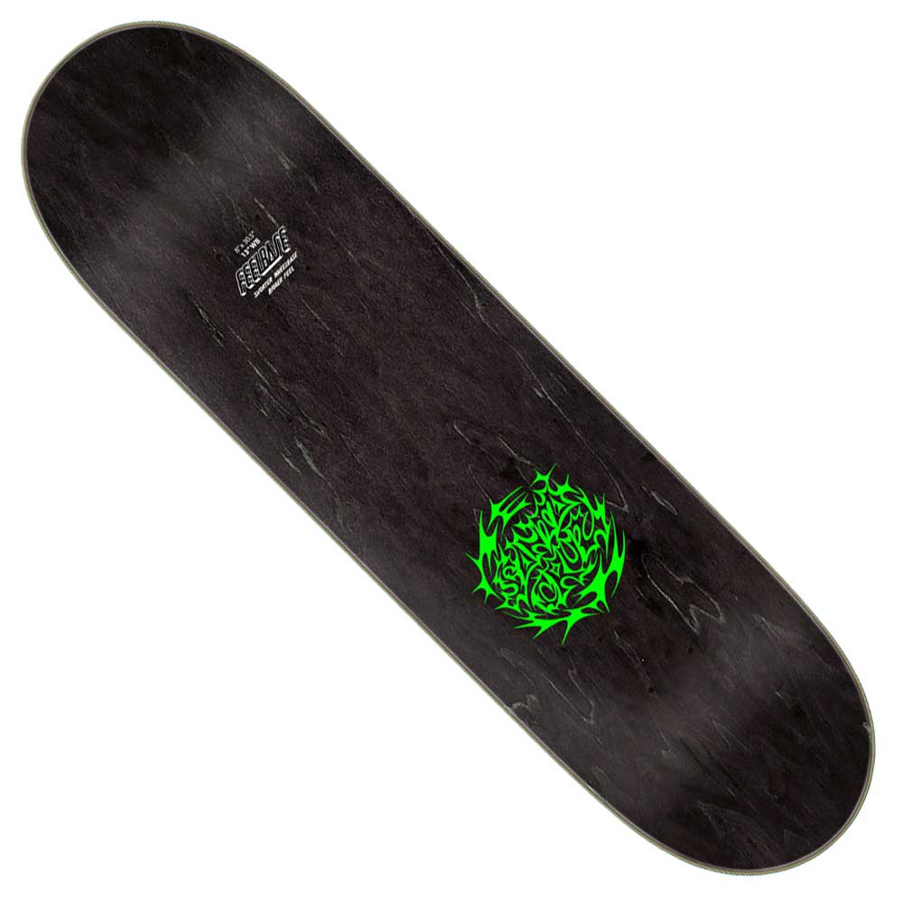 The Scribble Flash Feel Base 8.00in x 30.50in Santa Cruz Skateboards Deck features a black wood grain finish, small white logo at the top, and bright green tribal flame graphic at the base.