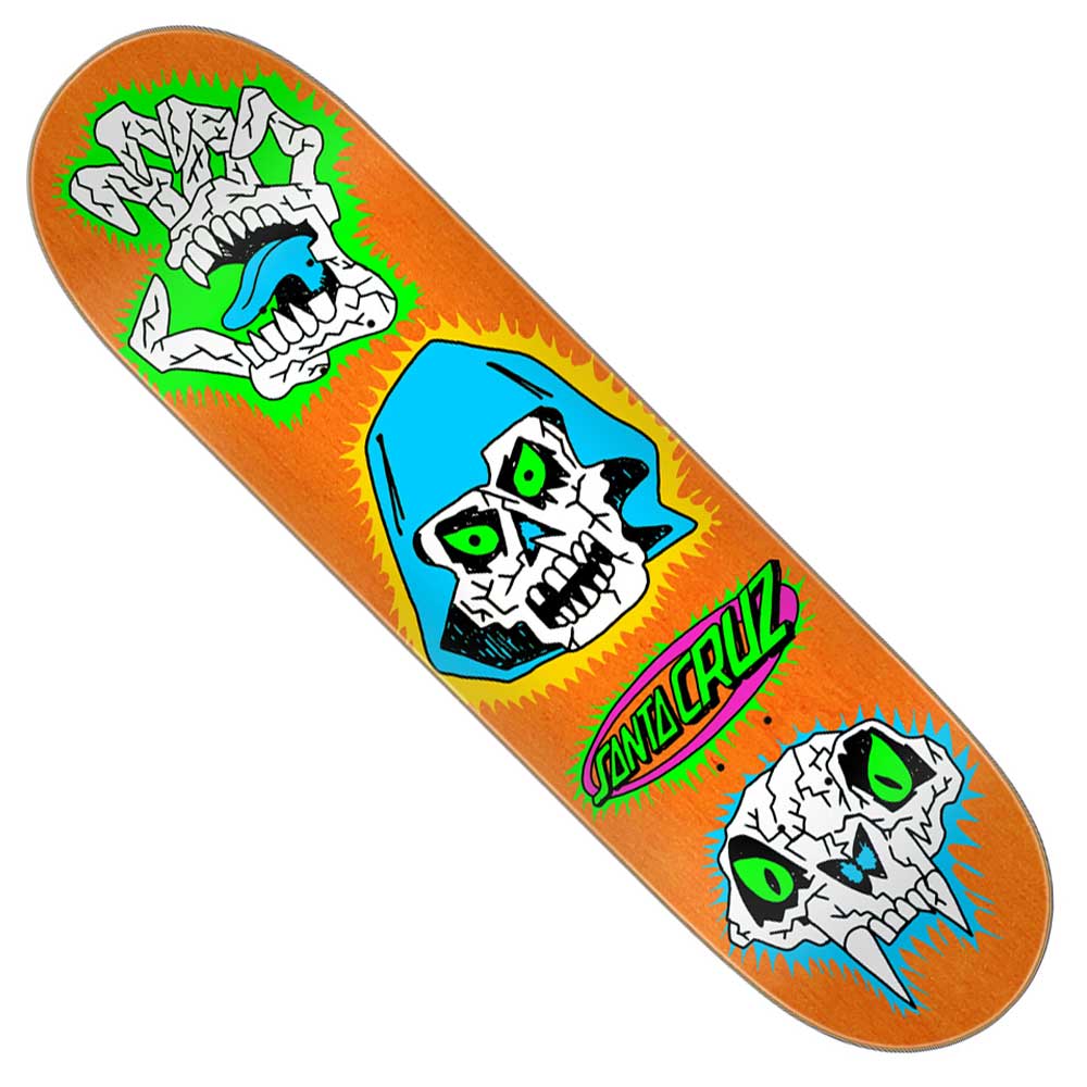 The Scribble Head Feel Base 7.75in x 30.25in Deck by Santa Cruz Skateboards features three comic-style graphics and a green/yellow Santa Cruz logo, perfect for skaters seeking bold designs and quality performance.