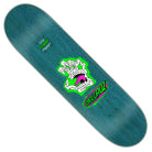 The Scribble Head Feel Base 7.75in x 30.25in deck from Santa Cruz Skateboards features a teal base, white, pink, and green screaming hand graphic, and the Santa Cruz logo in bright green and purple near the bottom right.
