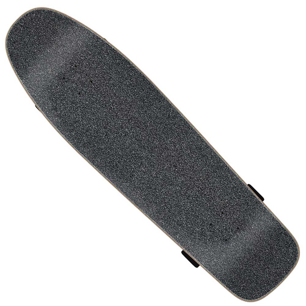 The Self Destruct 9.80in x 36.02in Shaped Cruzer Santa Cruz Complete Skateboard is shown from above, highlighting its black textured grip tape and rounded edges, with only the wheels partially visible underneath.