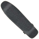 The Self Destruct 9.80in x 36.02in Shaped Cruzer Santa Cruz Complete Skateboard is shown from above, highlighting its black textured grip tape and rounded edges, with only the wheels partially visible underneath.