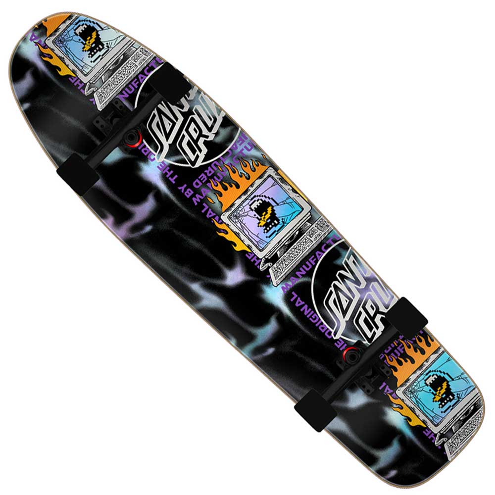 The Self Destruct 9.80in x 36.02in Shaped Cruzer Santa Cruz Complete Skateboard features a black deck with vibrant computers on fire and bold “Santa Cruz” and “Nuclear Glow” lettering.
