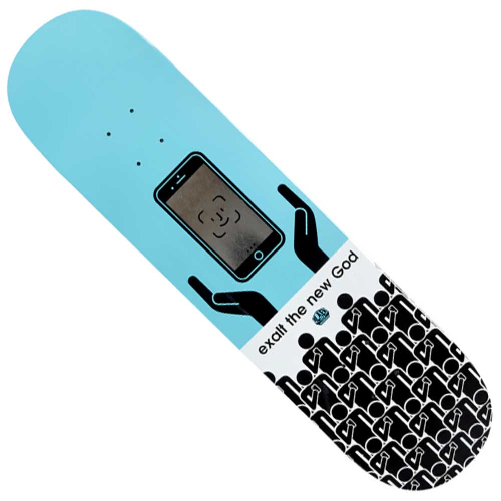 The Self Exalt 8 Alien Workshop Skateboard Deck is made from premium North American maple and measures 8.00″ wide. Its eye-catching blue top showcases black hands gripping a smartphone with a prominent face icon, while the phrase “exalt the new God” stands out boldly. Scattered black hand icons on the lower half add an edgy finishing touch to this striking deck design.