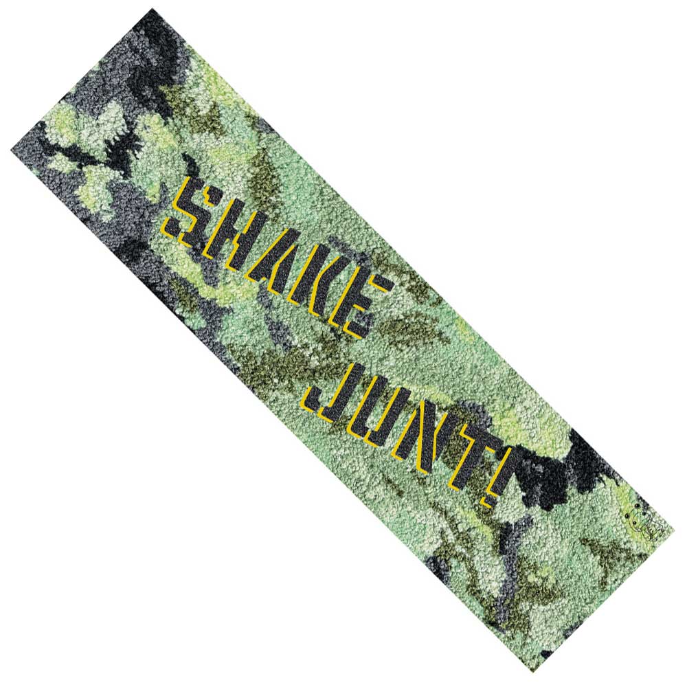 Shake Junt x Studio Mingus Grip Tape 9in x 33in Sheet Graphic Mob features a rectangular sheet of skateboard grip tape with a green camouflage pattern and bold yellow outlined “SHAKE JUNT” lettering across the center. This grip tape also boasts Mob Grip’s bubble-free application for easy installation.