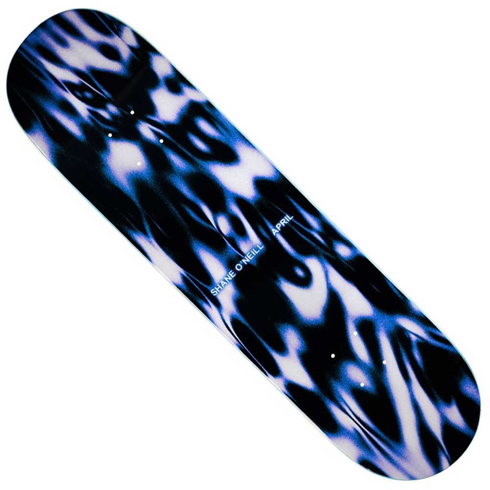 The Shane O'Neill 8.25 Liquid April Skateboards Deck features a black and blue abstract wavy design with white highlights and small white "Shane ONeill" and "April" text at the center.