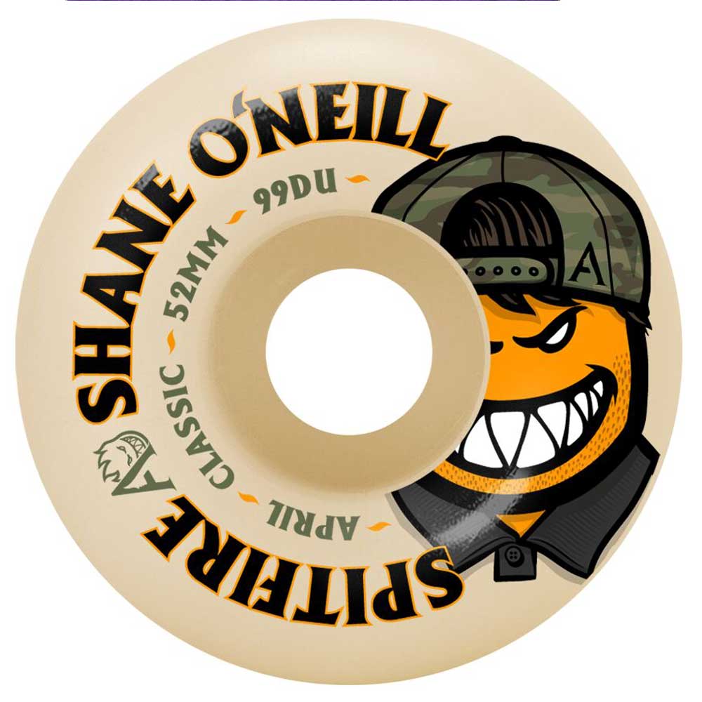 Introducing the Shane Oneill April 52mm 99A Spitfire Wheels Skateboard, featuring ‘SHANE ONEILL’, ‘52MM 99DU CLASSIC APRIL’, and Spitfire Wheels printed on the side. The design showcases an orange cartoon face wearing a camo cap and grinning with sharp teeth—ideal for riders seeking high-performance skateboard wheels.