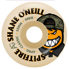 Introducing the Shane Oneill April 52mm 99A Spitfire Wheels Skateboard, featuring ‘SHANE ONEILL’, ‘52MM 99DU CLASSIC APRIL’, and Spitfire Wheels printed on the side. The design showcases an orange cartoon face wearing a camo cap and grinning with sharp teeth—ideal for riders seeking high-performance skateboard wheels.
