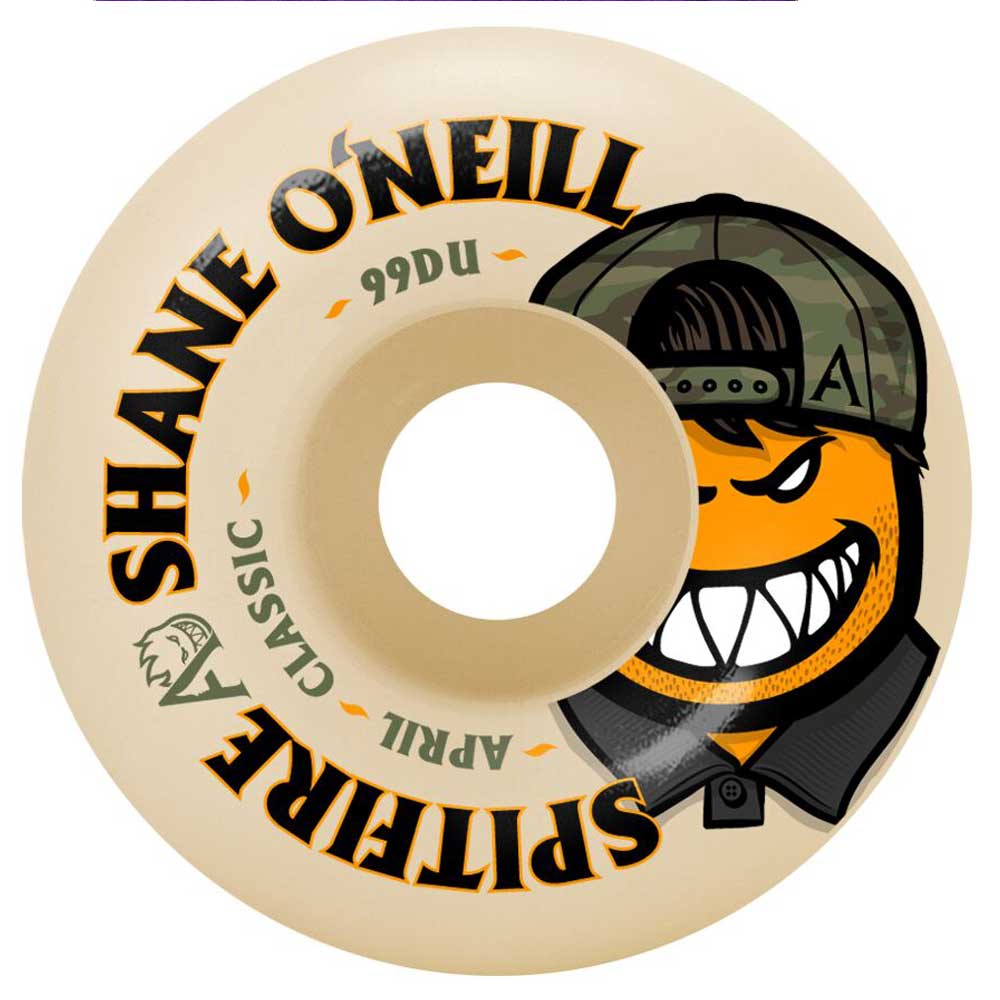 The Shane Oneill April 54mm 99A Spitfire Wheels Skateboard features a beige wheel design with "SHANE ONEILL SPITFIRE CLASSIC" text and a playful cartoon orange face sporting a cap, wide grin, and sharp teeth. Camouflage details and graphic accents highlight the iconic Spitfire Wheels craftsmanship. Engineered for top performance, these 54mm 99A wheels deliver the durability and grip essential for every skate session.