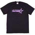 The Southside Sharp Star T-Shirt in black features purple and lavender screenprinted text inspired by Southside Skatepark, capturing vintage skate tee vibes with a stylized star design.