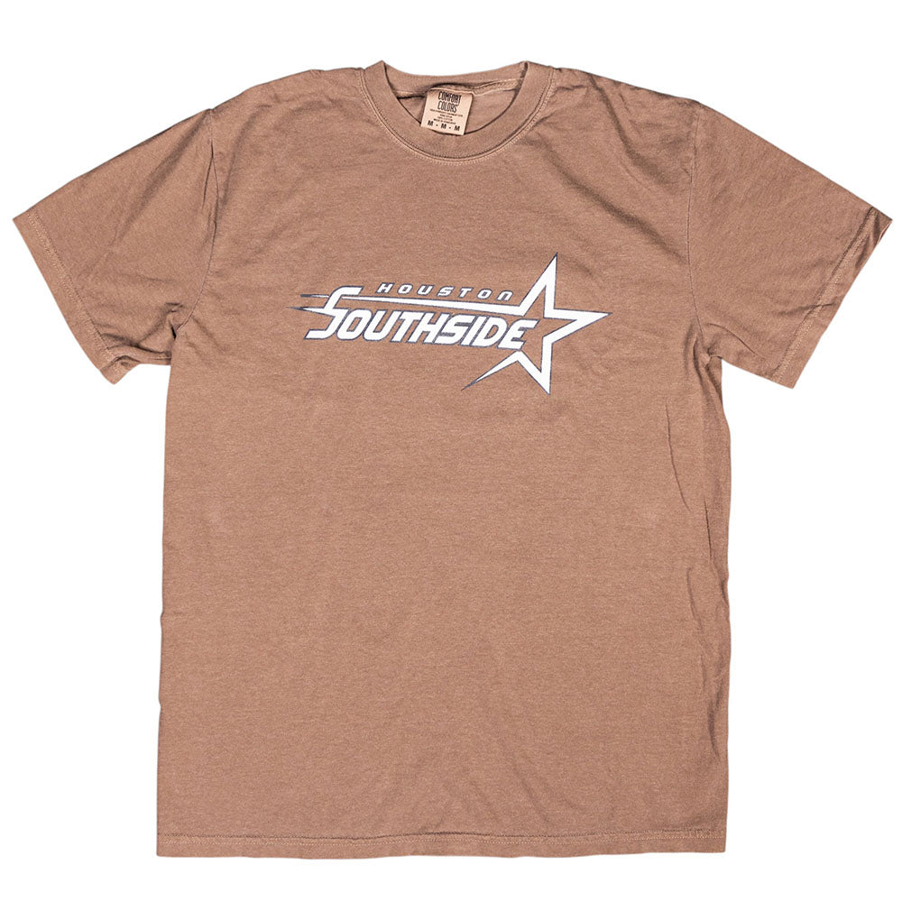 The Southside Sharp Star T-Shirt Coffee Gray Sky Tee features "Houston Southside" in white and silver text with a star graphic, screenprinted as a vintage skate nod to Southside Skatepark, laid flat on a white background.