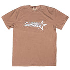 The Southside Sharp Star T-Shirt Coffee Gray Sky Tee features "Houston Southside" in white and silver text with a star graphic, screenprinted as a vintage skate nod to Southside Skatepark, laid flat on a white background.