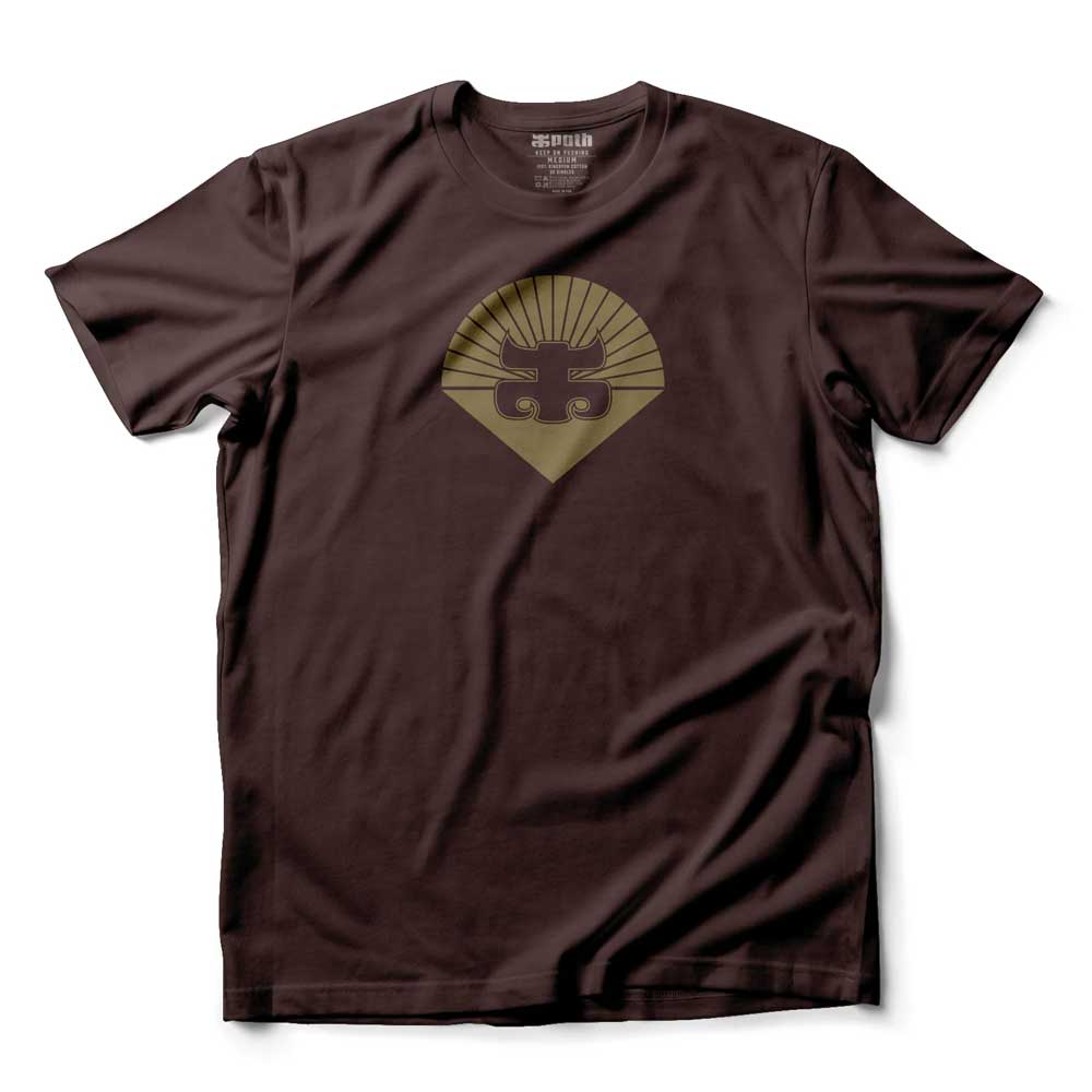 Shell Logo Mushroom Brown Tee by I Path Skateboarding features a gold geometric design of a stylized, symmetrical face with radiating lines at the center chest, crafted from premium cotton for comfort and quality. Proudly made in the USA.