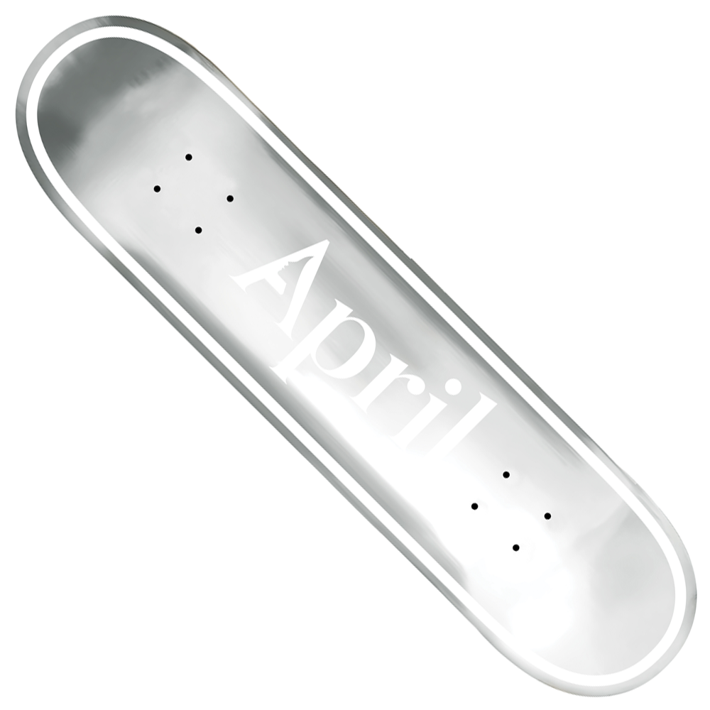 The Silver Foil 8 OG Logo April Skateboards Deck features a shiny silver popsicle-shaped maple deck with "April" in white across the center, seen from above on a plain white background—perfect for street and park skating.