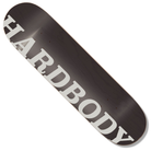 The Silver Logo 8.38x32 Hardbody Skateboard Deck in black silver features HARDBODY in bold white letters diagonally across the deck, accented with a sleek black silver logo for a striking appearance.