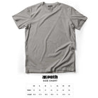 A plain mushroom brown premium cotton Shell Logo tee from I Path Skateboarding is shown above a size chart table listing width and length measurements for sizes XS to 3X, with the Shell Logo Mushroom Brown Tee and SIZE CHART text displayed above the table.