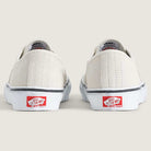 A pair of Skate Authentic White Gunmetal Vans VNOA5FC8XQL Suede White Skateboarding Shoes are shown from the back, featuring the red "Off the Wall" heel logo and white rubber sole with grip traction against a neutral background.