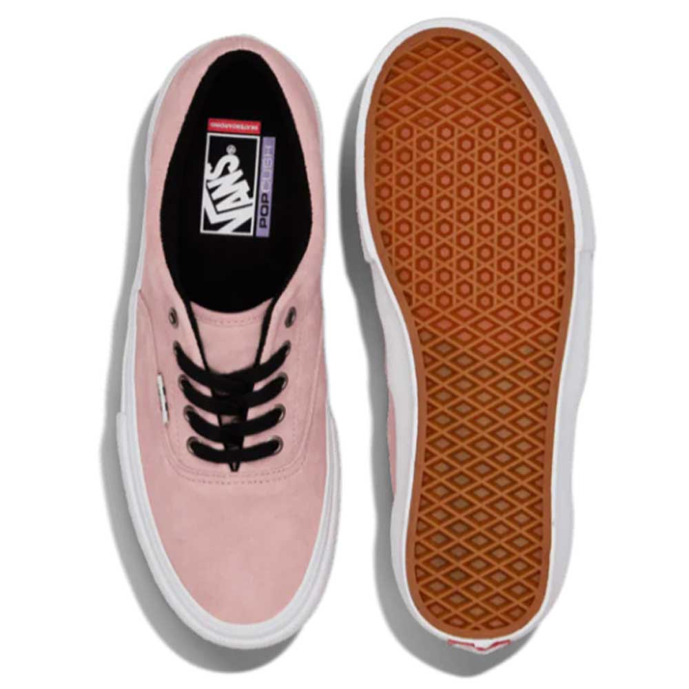 The Skate Era Mauve Mist VN000ECRZSB Vans Suede Rubber Shoes feature black laces, Vans branding, and a brown waffle sole with modern skate tech for impact protection, shown from both above and below in pink suede.