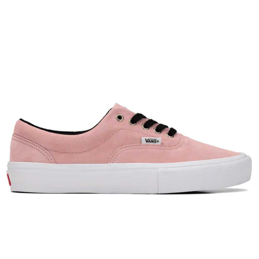 The Vans Skate Era Mauve Mist VN000ECRZSB features pink suede, black laces, a white rubber sole with impact protection, and a side Vans logo tag, shown from the side on a white background.