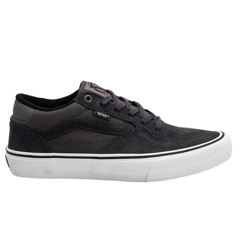 The Skate Rowan Asphalt White VN0A5JICRP9 Suede Vans Shoes are black low-top skate shoes with black laces, white stitching, white rubber soles, a Vans side label, textured design, and classic side stripe—perfect for skateboarders.