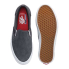 Top and bottom view of the Vans Skate Slip On Pewter True White VN0A5FCA1N6 suede shoes, featuring a gray suede upper, white soles, red insoles with the Vans logo, and a gum waffle-patterned outsole for enhanced durability.