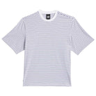 A white short-sleeve Adidas Skateboarding Skate Yarn Dye Tee (KC6291) featuring thin horizontal dark blue stripes and a ribbed crew neckline.