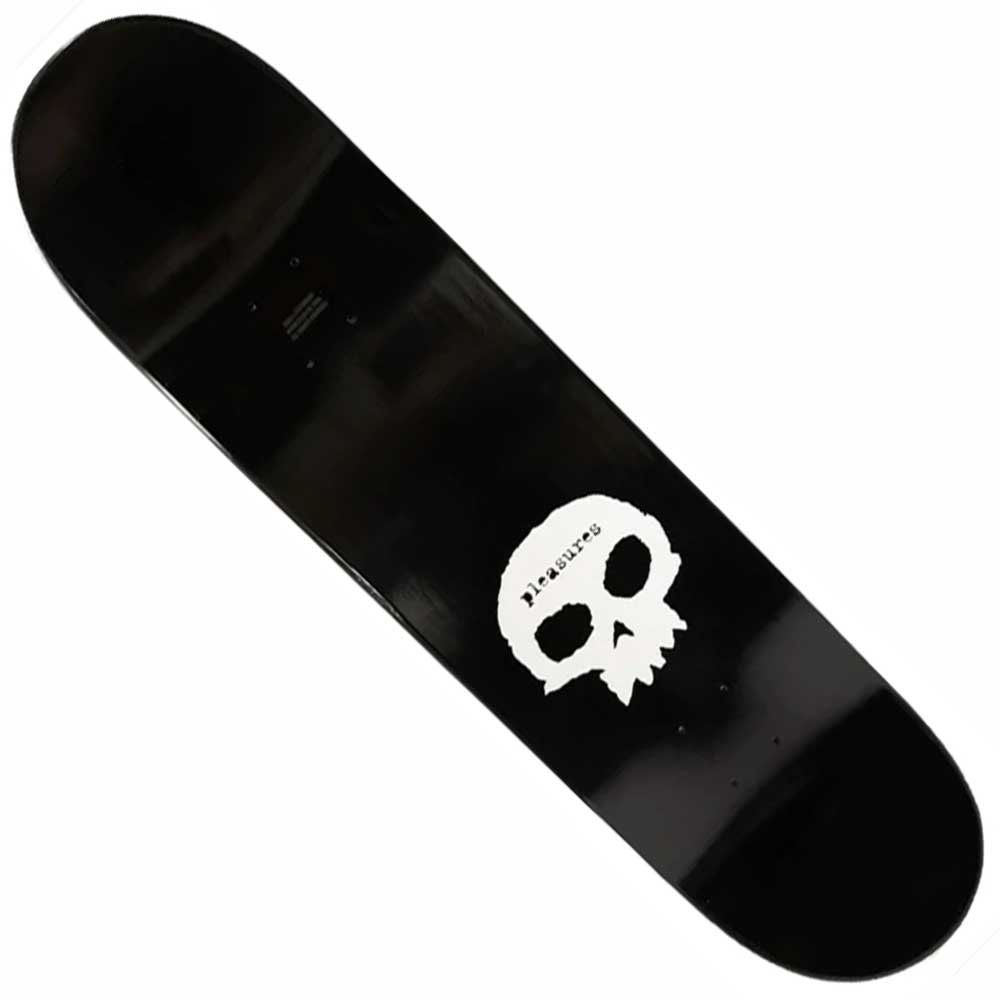 The Skulls 8.5 Pleasures x Zero Skateboards Deck is a black deck with a white skull graphic and "Treasure" on the forehead, offering grunge streetwear style for skate enthusiasts.