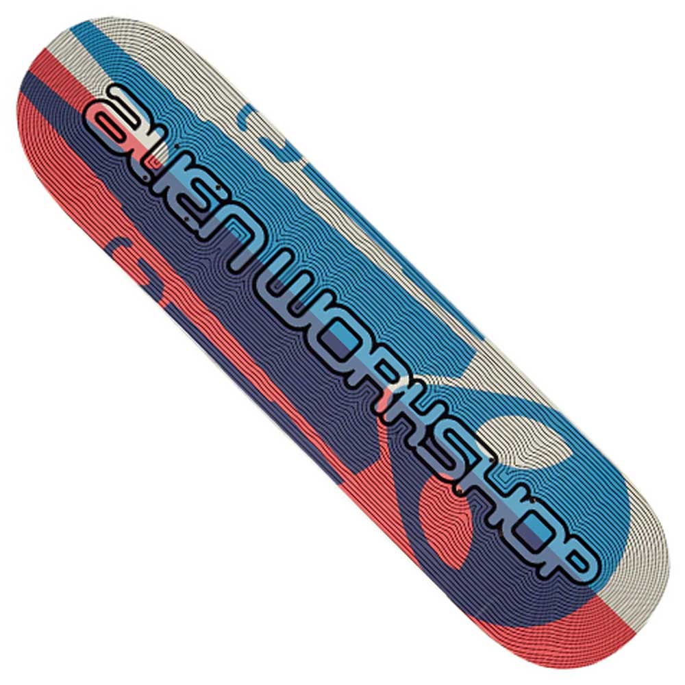 The Soldier Echoes Red Deck 7.8x31.3 Alien Workshop Skateboard has a wavy blue, red, and cream design with bold futuristic branding across the center—perfect for skaters seeking standout style.