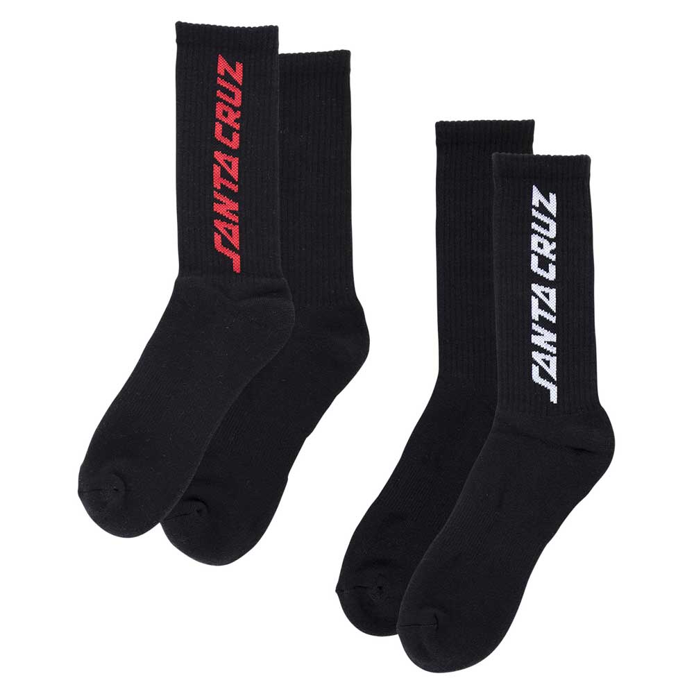 This set includes two pairs of Santa Cruz Solid Strip crew socks (men’s size 9-11) in black multi—unisex and perfect for everyday skateboarding comfort and style.