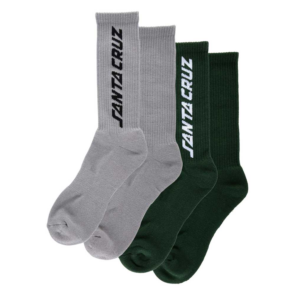 Two pairs of gray and green socks with 'Santa Cruz' branding on a white background